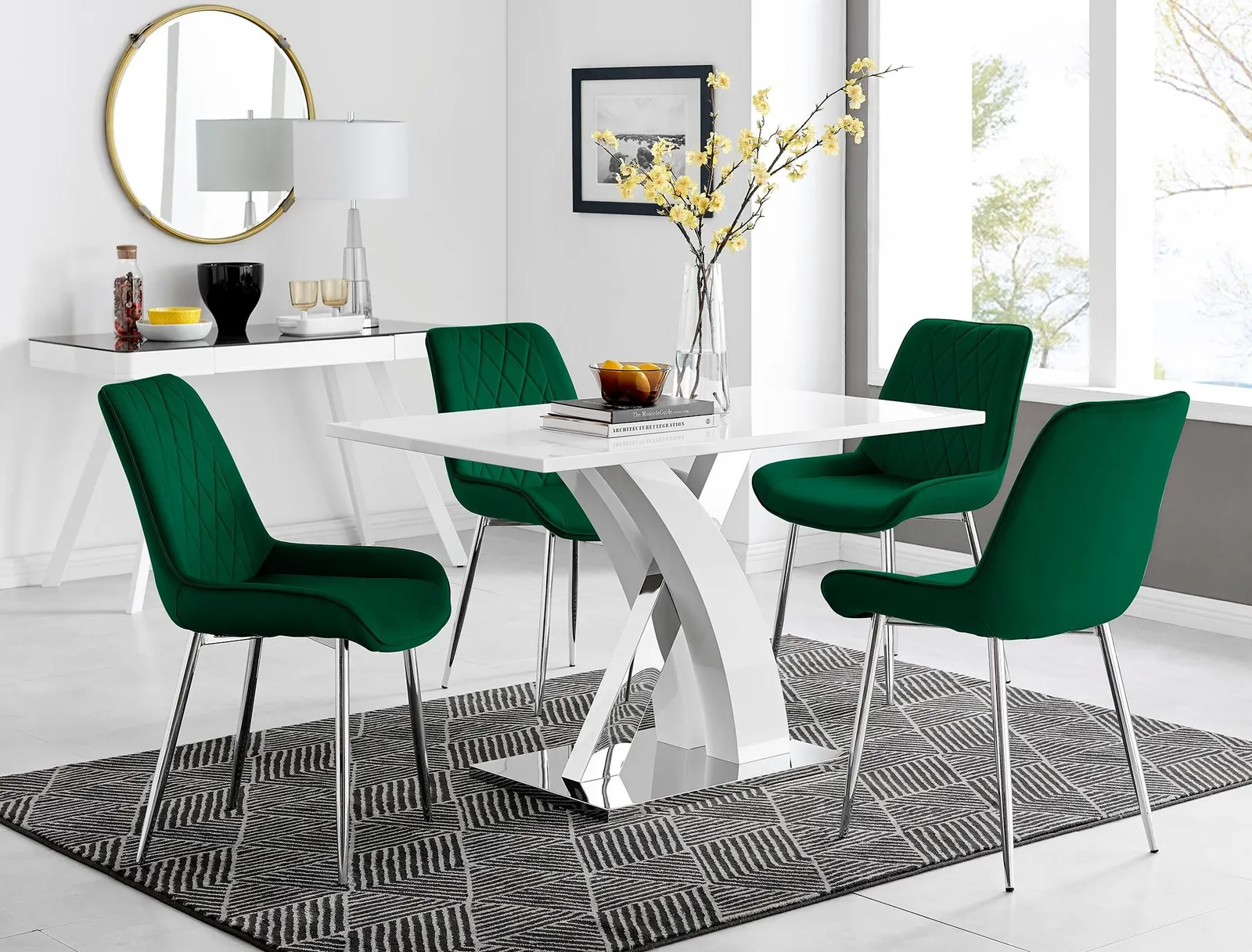 FurnitureboxUK Atlanta White High Gloss & Chrome 4 Seater Dining Table with X Shaped Legs & 4 Soft Velvet Pesaro Chairs in Green 1