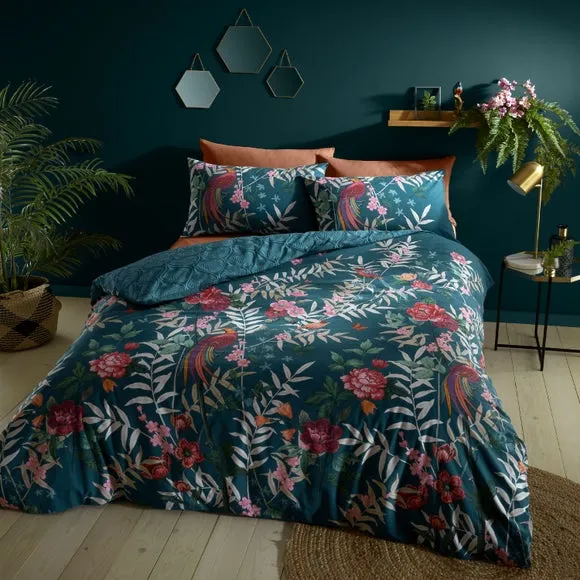 Catherine Lansfield Tropical Floral Birds Reversible Green Duvet Cover & Pillowcase Set 1