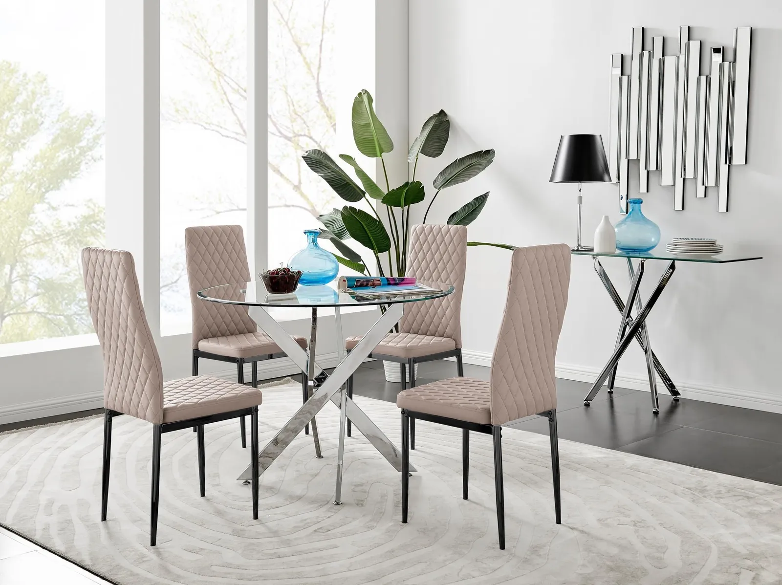 FurnitureboxUK Novara 100cm Round Dining Table & 4 Milan Black Leg Chairs in Beige 1