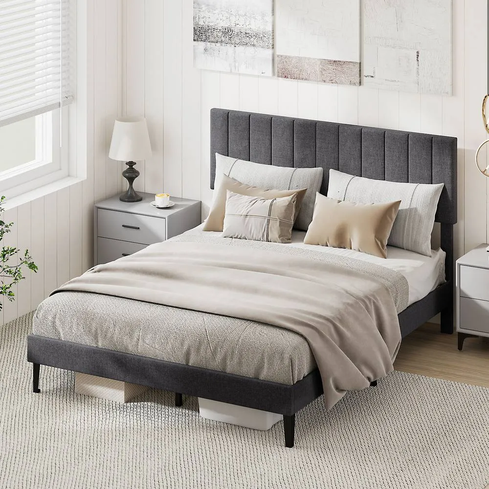 Costway King Size Linen Fabric Bed Frame Upholstered Platform Bed w/Headboard in Grey 5