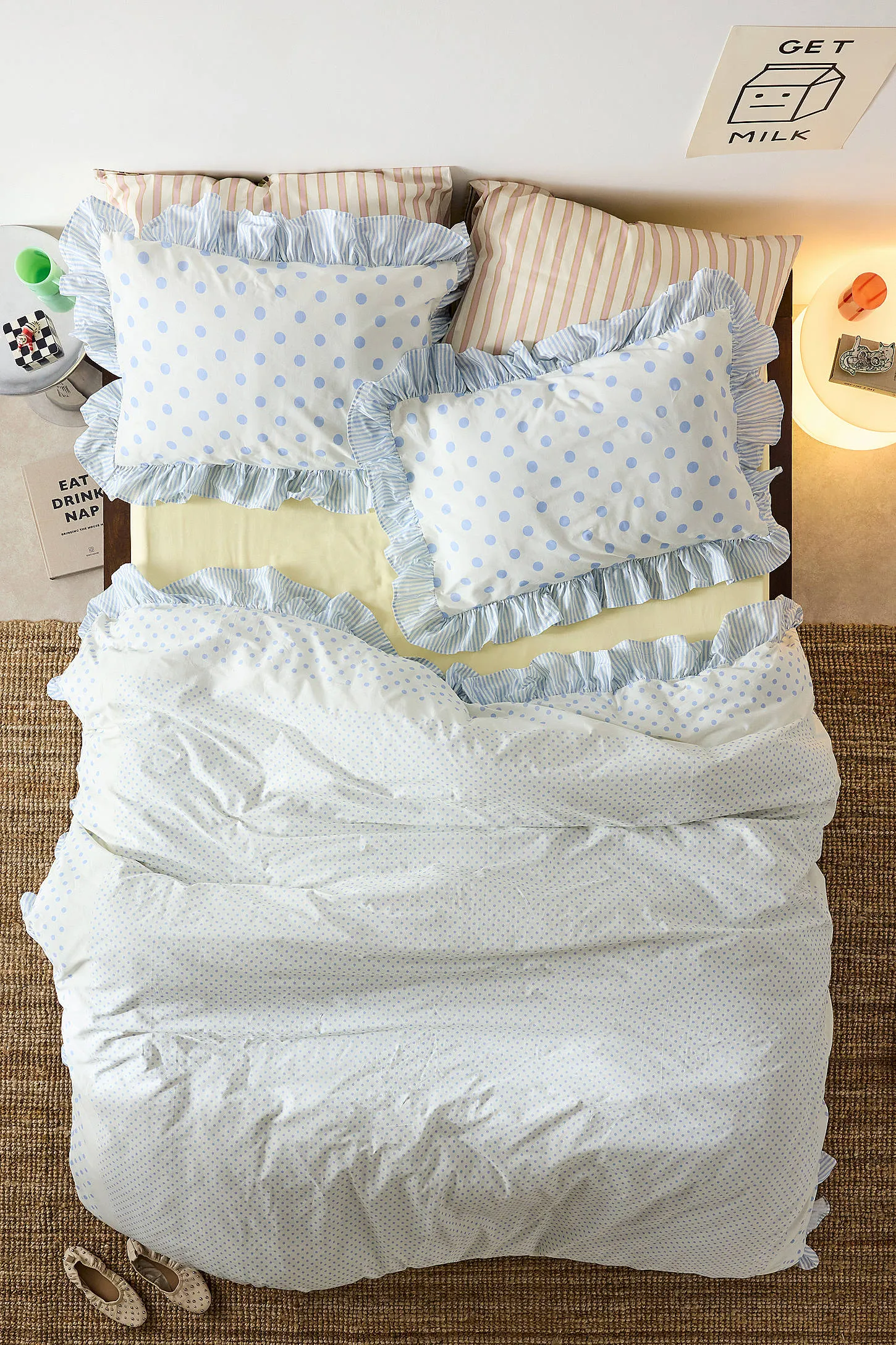 Blue Polka Dot Ruffle Duvet Set - Blue