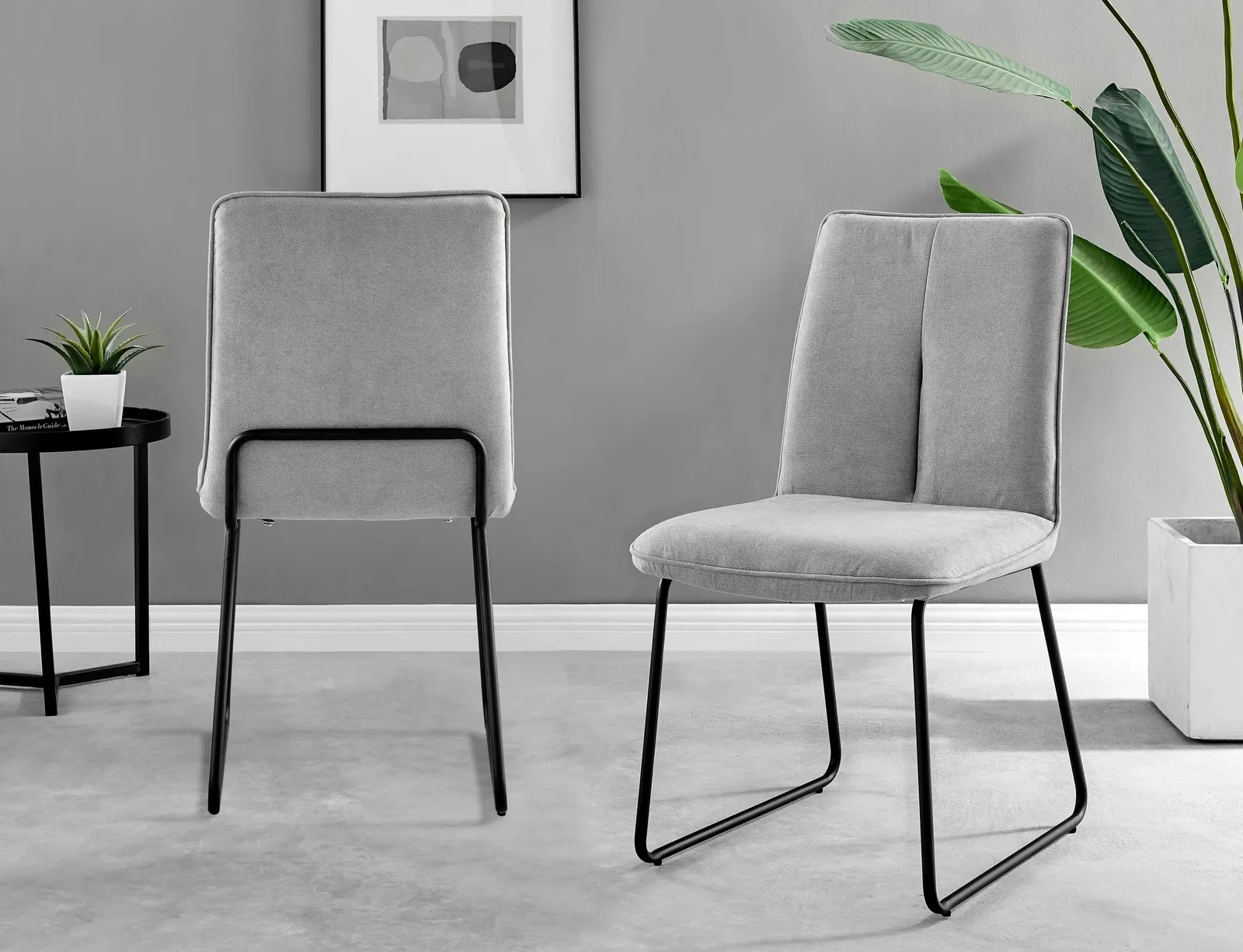 FurnitureboxUK Set of 2 Modern Chic Deep Padded Soft & Durable Stitched Fabric & Black Powder Coated Metal Leg Dining Chairs in Light Grey 2