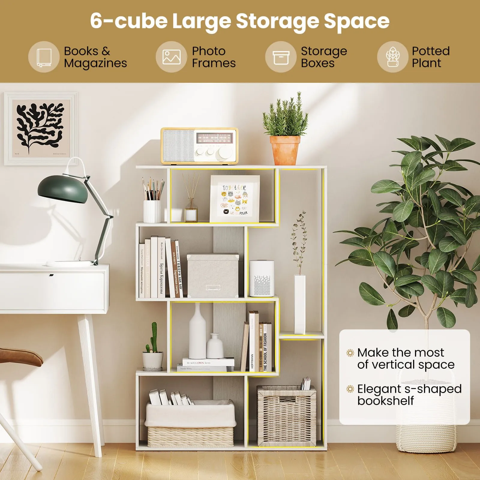 Costway Open-back Geometric Bookshelf Home 6-Cube Large Bookcase in White 6