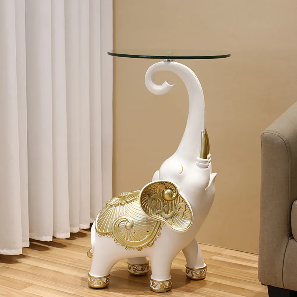 White Elephant Side Table in Gold Finish Modern End Table with Clear Glass Tray Top