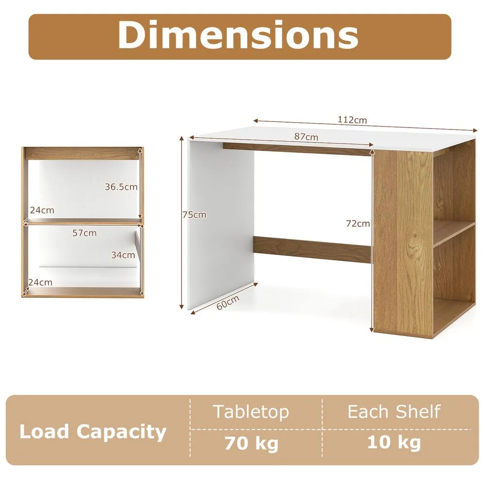 Costway Modern Wooden Office Desk with 2 Open Shelves in White 2