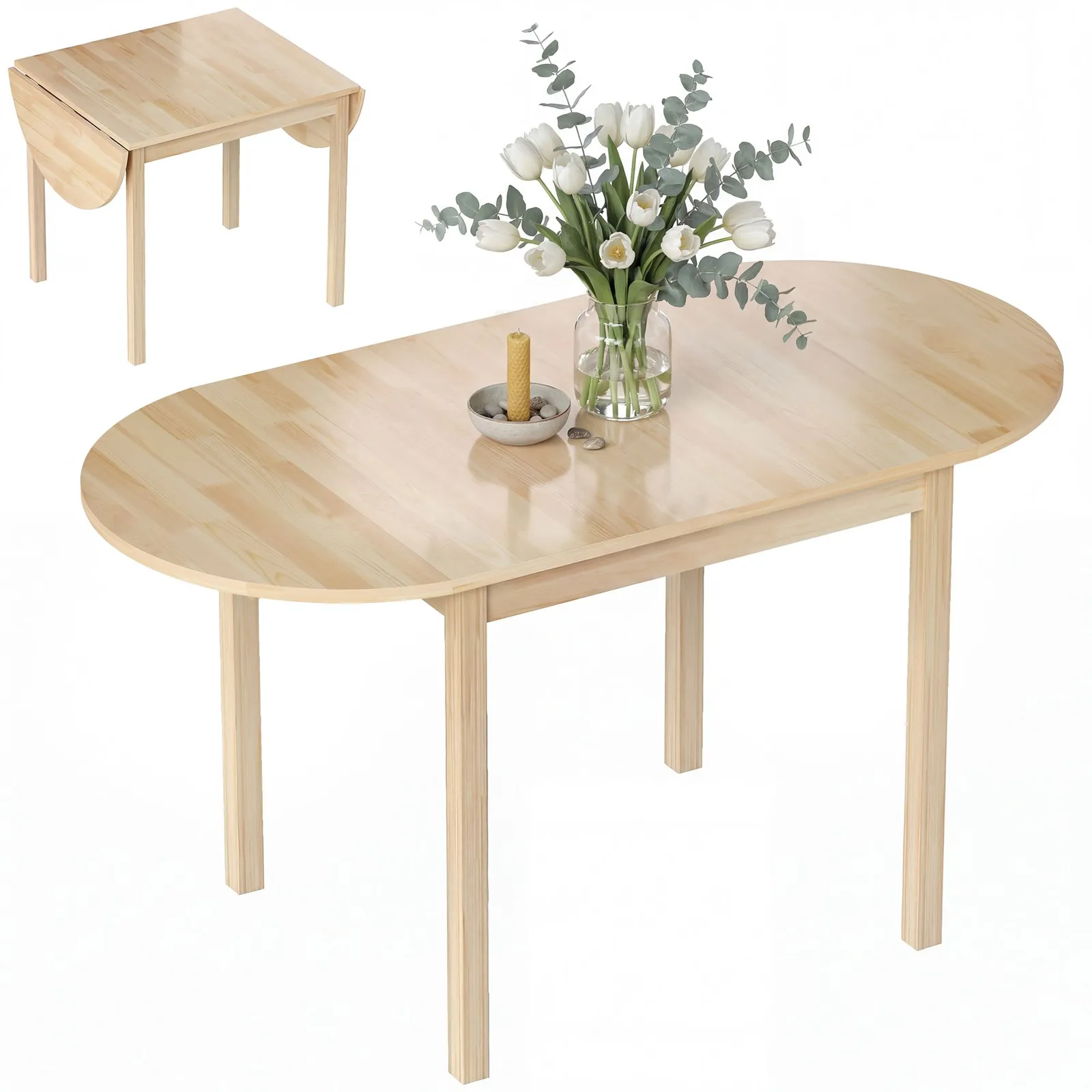 HOMCOM Foldable Dining Table, Solid Wood Drop Leaf Table, Natural 2