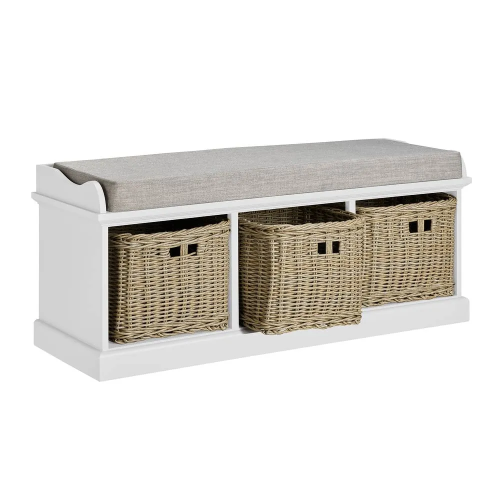 Statement Furniture Tetbury Bench with 3 Brown Faux Wicker Baskets & Cream Cushion in White 3