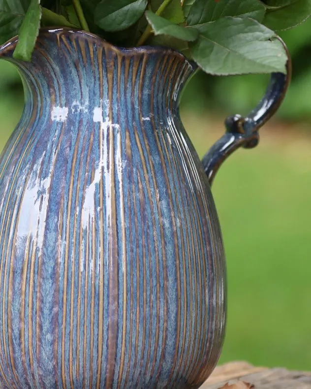 Dibor Aegean Blue Fluted Ceramic Decoration Pitcher Jug Vase 5
