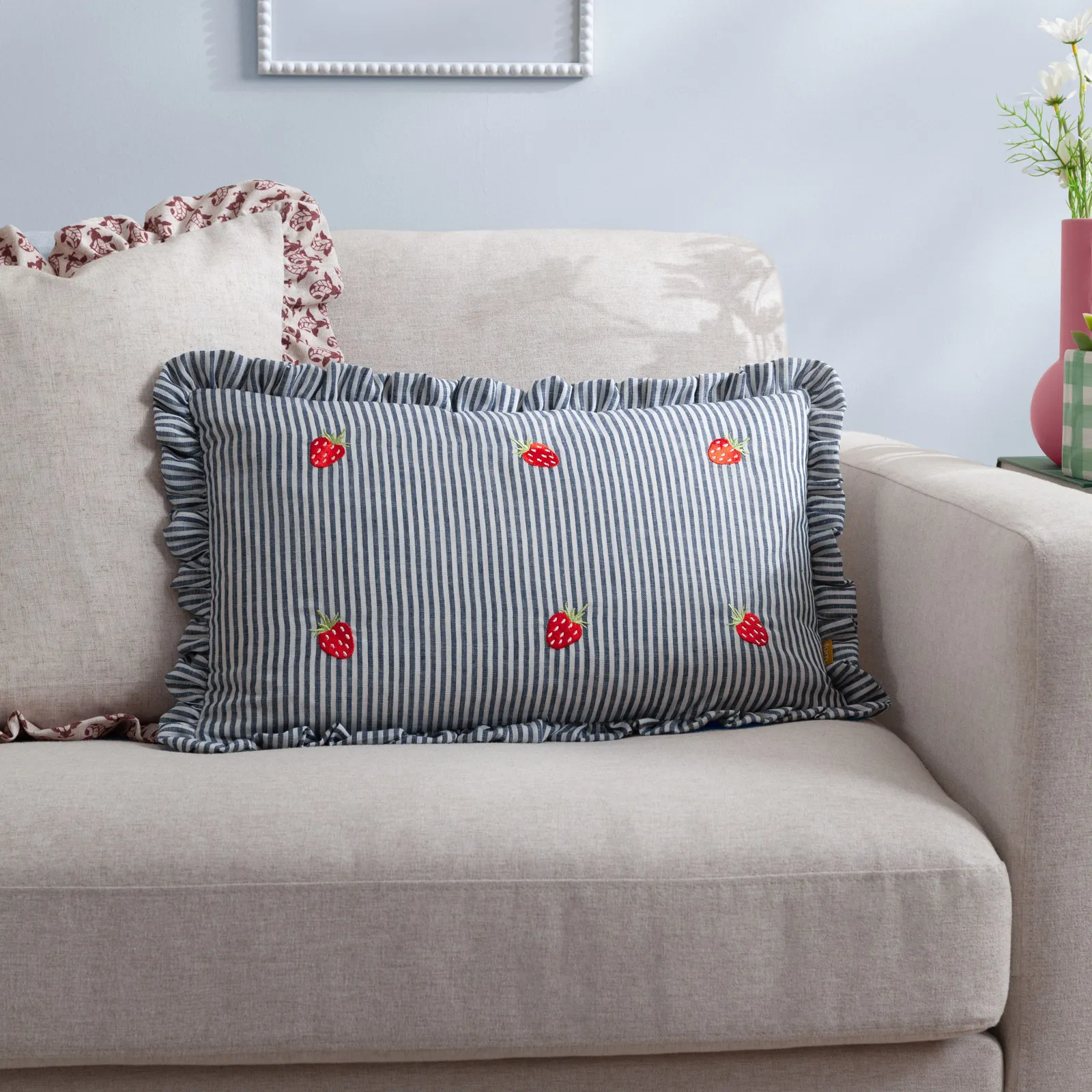 Furn Les Fruites Embroidered Ruffle Cushion in Navy
