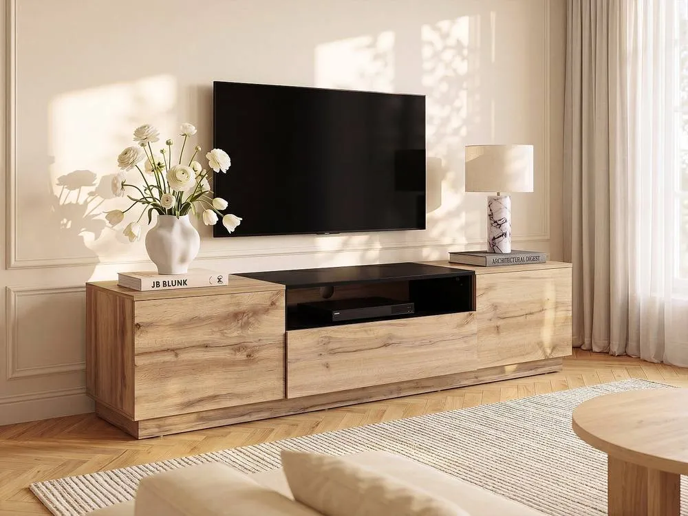 Vente-unique TV Stand With 2 Doors, 1 Drawer & 1 Shelf - Natural & Black 3