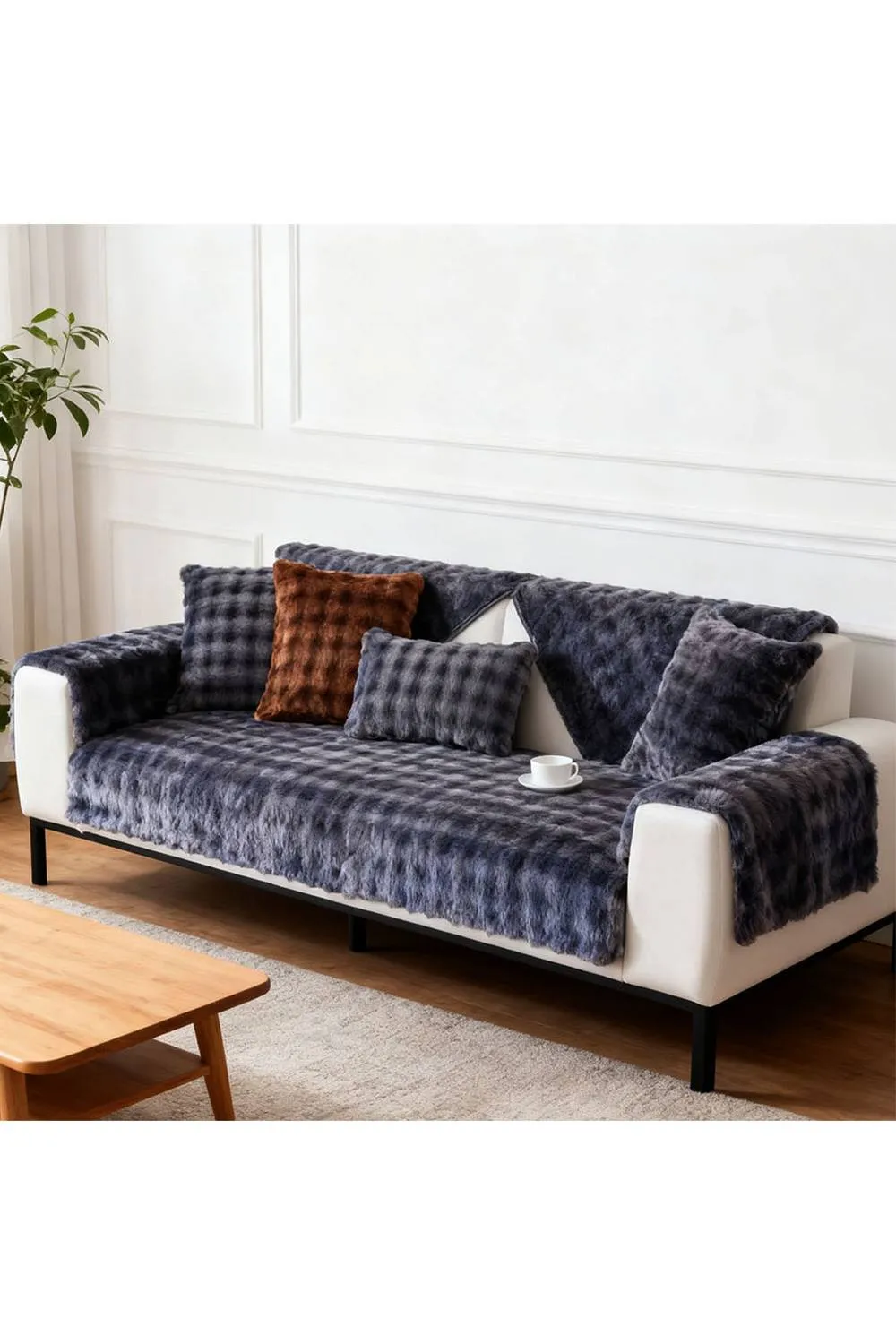 Living and Home Sleek Textured Plush Sofa Cover in Dark Grey