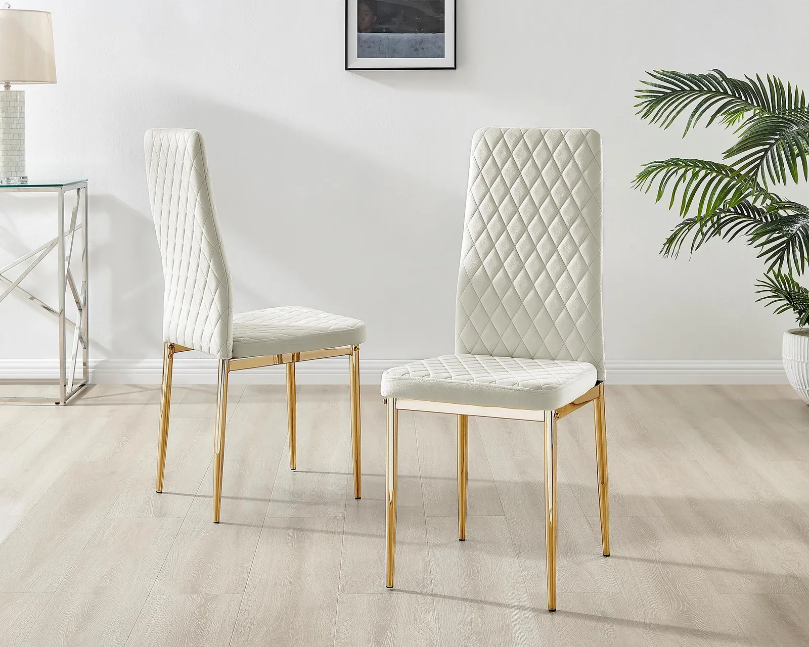 FurnitureboxUK Set of 4 Milan High Back Soft Touch Diamond Pattern Velvet Dining Chairs With Gold Chrome Metal Legs in Cream 2