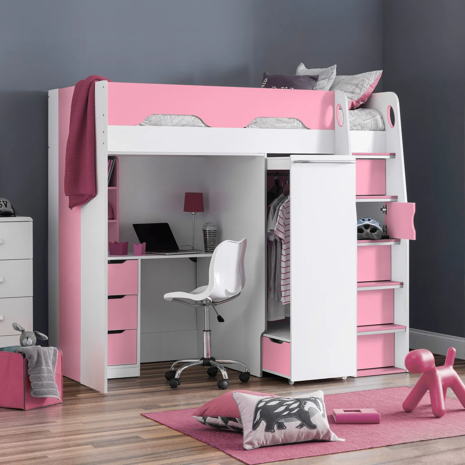 Pegasus - Single - Kids High Sleeper Bed - Wardrobe - Desk and Storage - Pink and White - Wooden - 3ft - Happy Beds 1