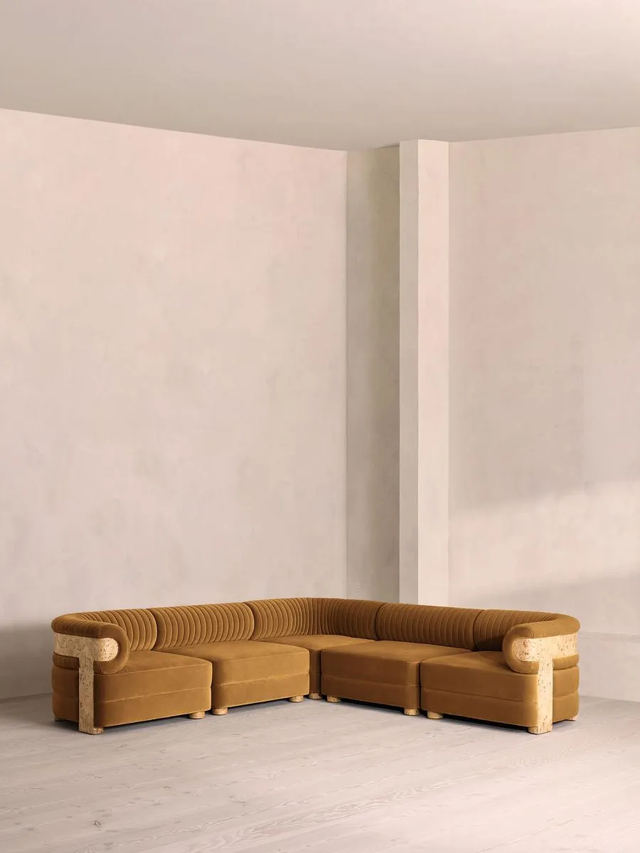 Caleb Modular Corner Sofa, Velvet, Mustard, Blonde Burl