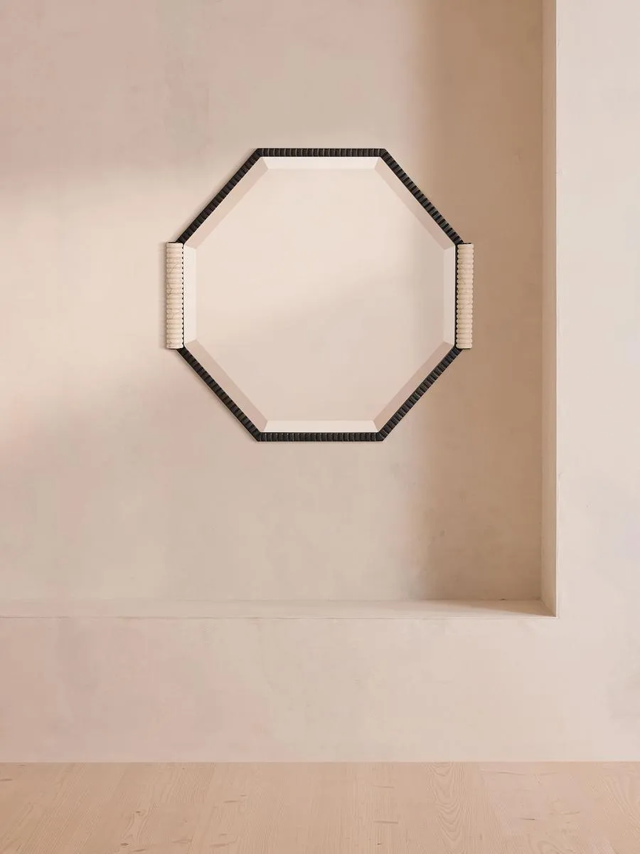 Welton Wall Mirror, Blackened Brass & Travertine, Extra Small