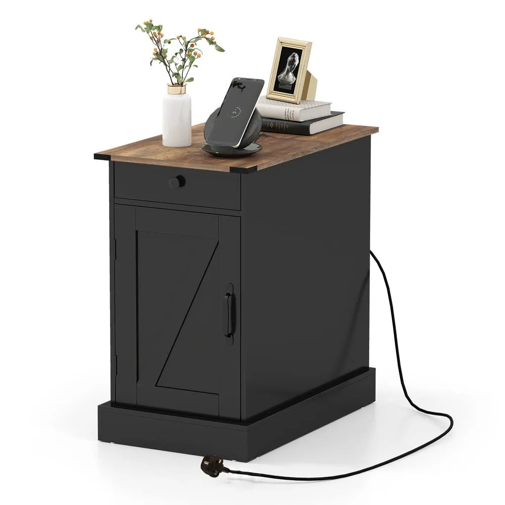 Costway Bedroom End Table with Charging Station in Black