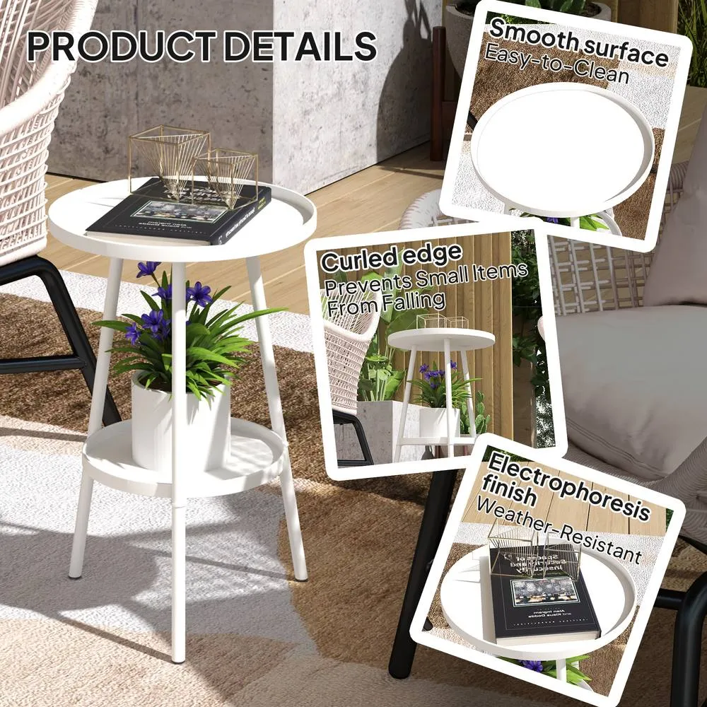 OUTSUNNY Round Garden Table, 2-Tier Metal Patio Table Coffee Table, White 5
