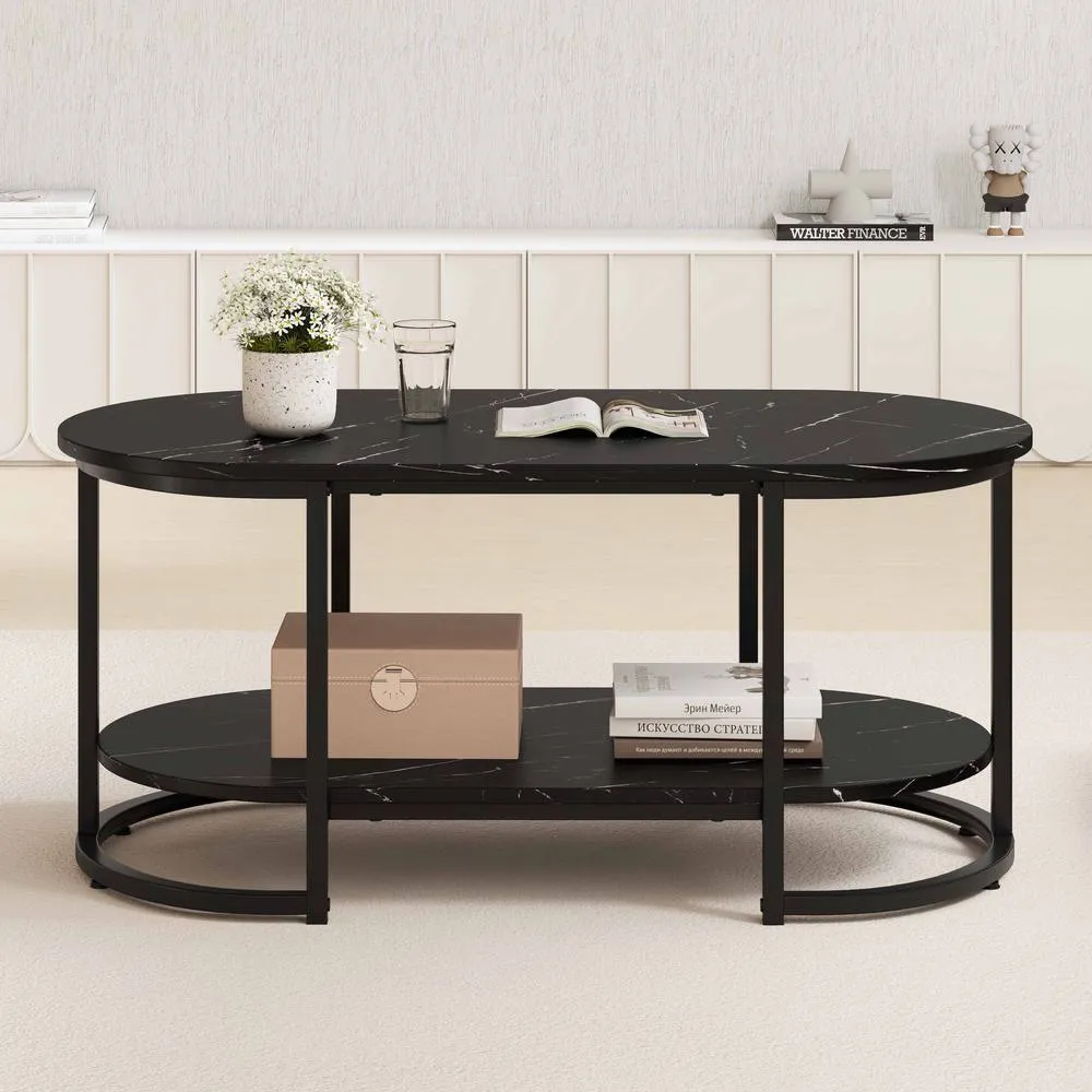 Costway Marble Coffee Table Modern 2-Tier Center Table with Shelf-Black in Black 5