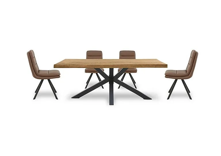 Njord 160cm Compact Raw Edge Dining Table with Metal Star Base and 4 Tan Faux Leather Swivel Chairs