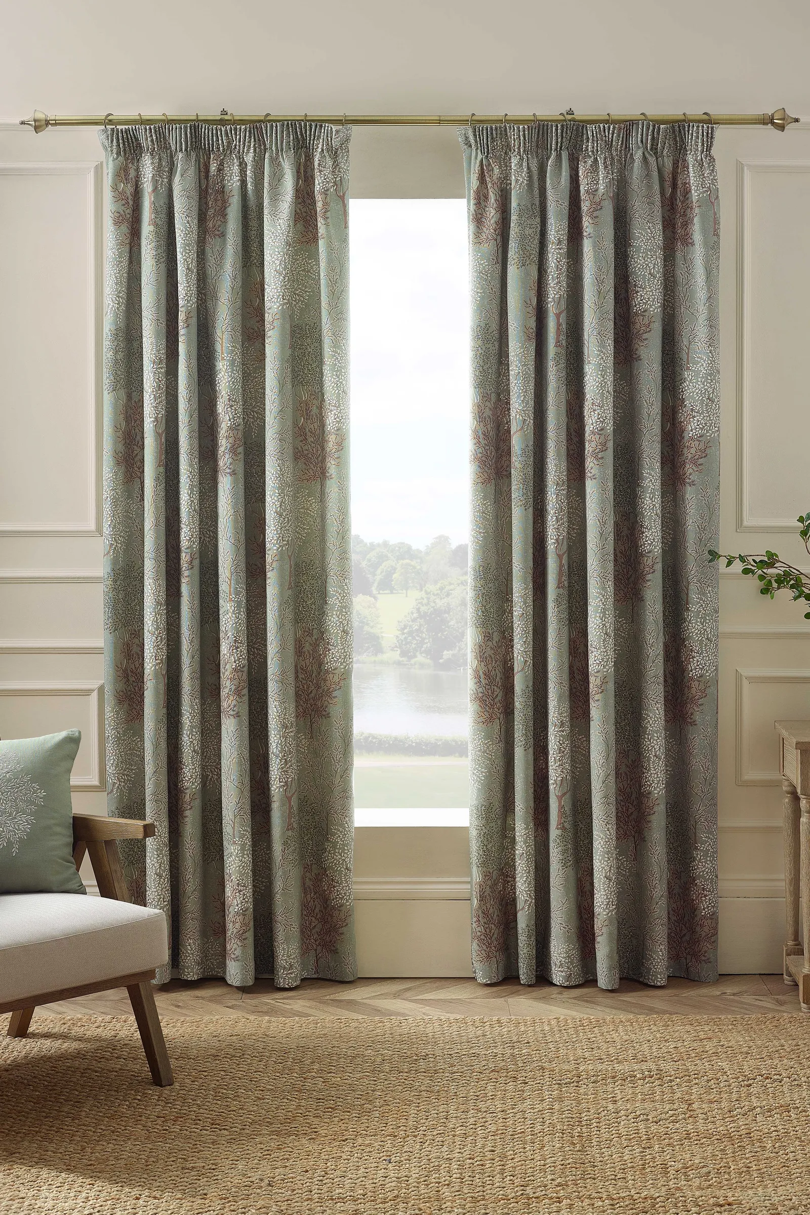 Catherine Lansfield 'Woodland Trees' Lined Pencil Pleat Curtains in Green 1