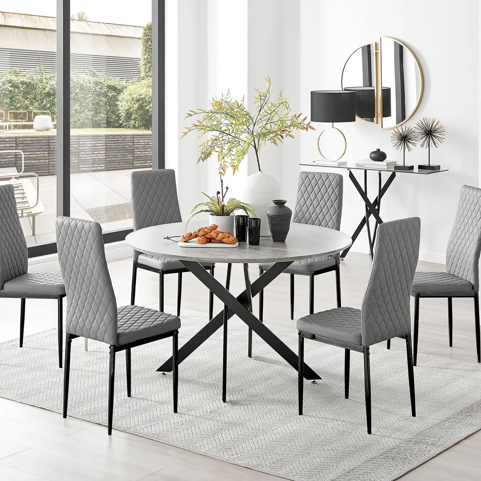 FurnitureboxUK Novara Grey Concrete Effect Black Leg 120cm Round Dining Table & 6 Milan Black Leg Chairs