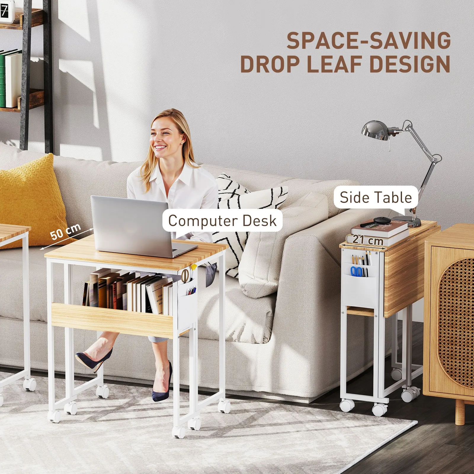 HOMCOM 63 cm Foldable Computer Desk on Wheels for Small Spaces Natural 4