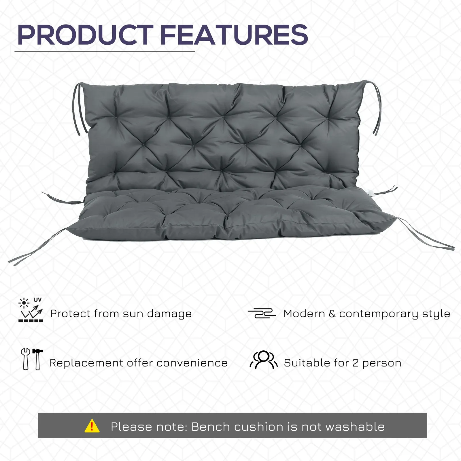 OUTSUNNY Garden Bench Cushion 2 Seater Swing Chair Seat Pad for Indoor & Outdoor Use in Dark Grey 5