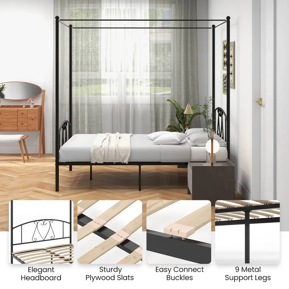 Costway Double Canopy Bed Frame Metal Platform Bed Base w/Headboard Footboard in Black 5
