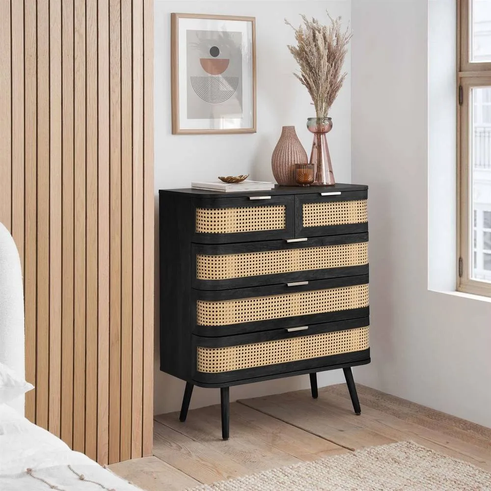 Birlea Rattan 5 Chest of Drawers Sark Black Mid Century Modern
