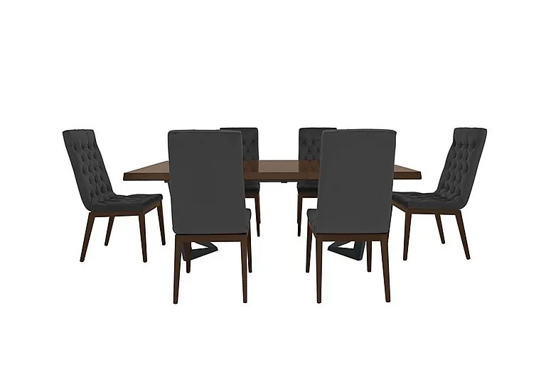 Palazzo 200cm Extending Dining Table in Dark Walnut with 6 Capitonne Buttoned Chairs - Scarlet Dark Grey