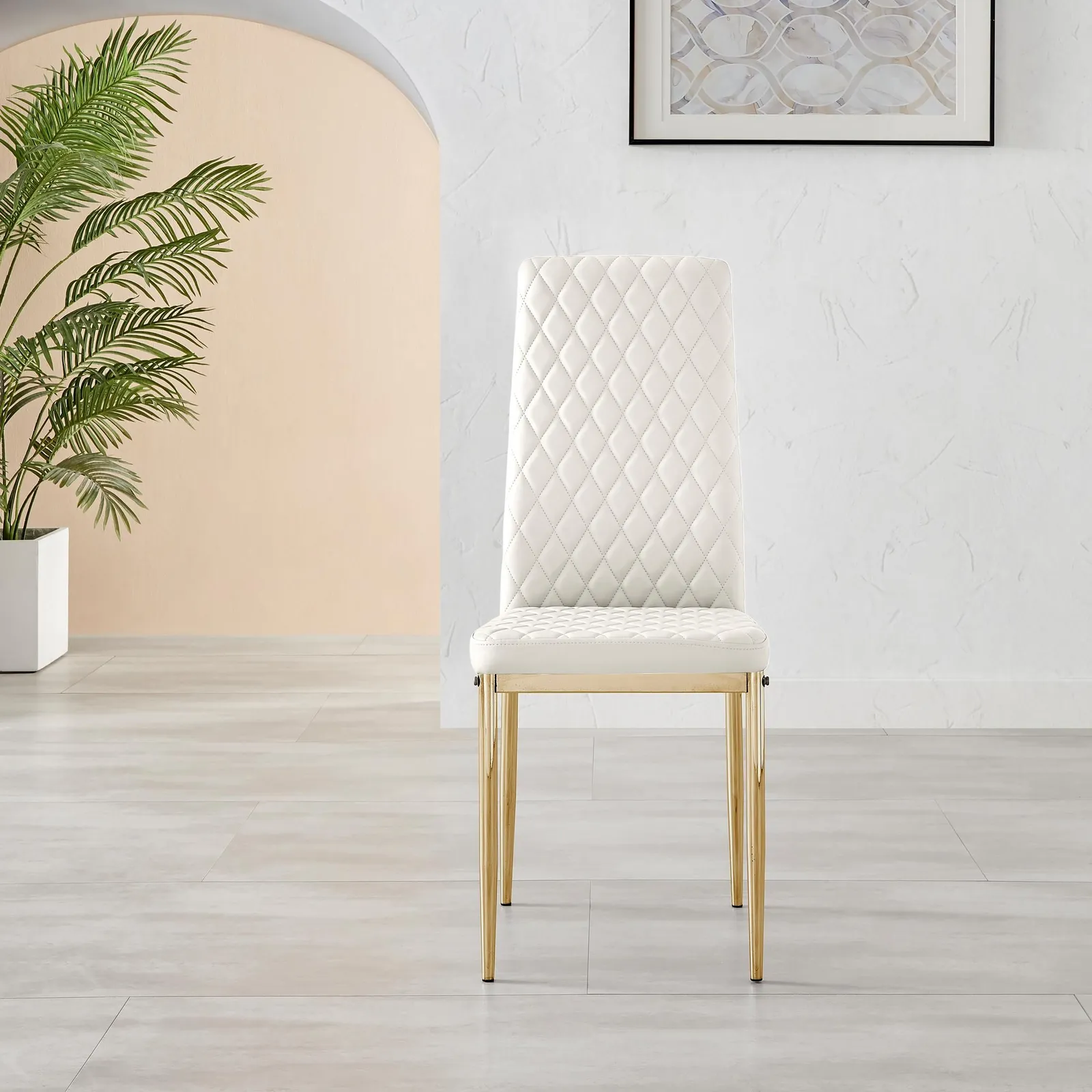 FurnitureboxUK Set of 4 Milan High Back Soft Touch Diamond Pattern Faux Leather Dining Chairs With Gold Chrome Metal Legs in White 5