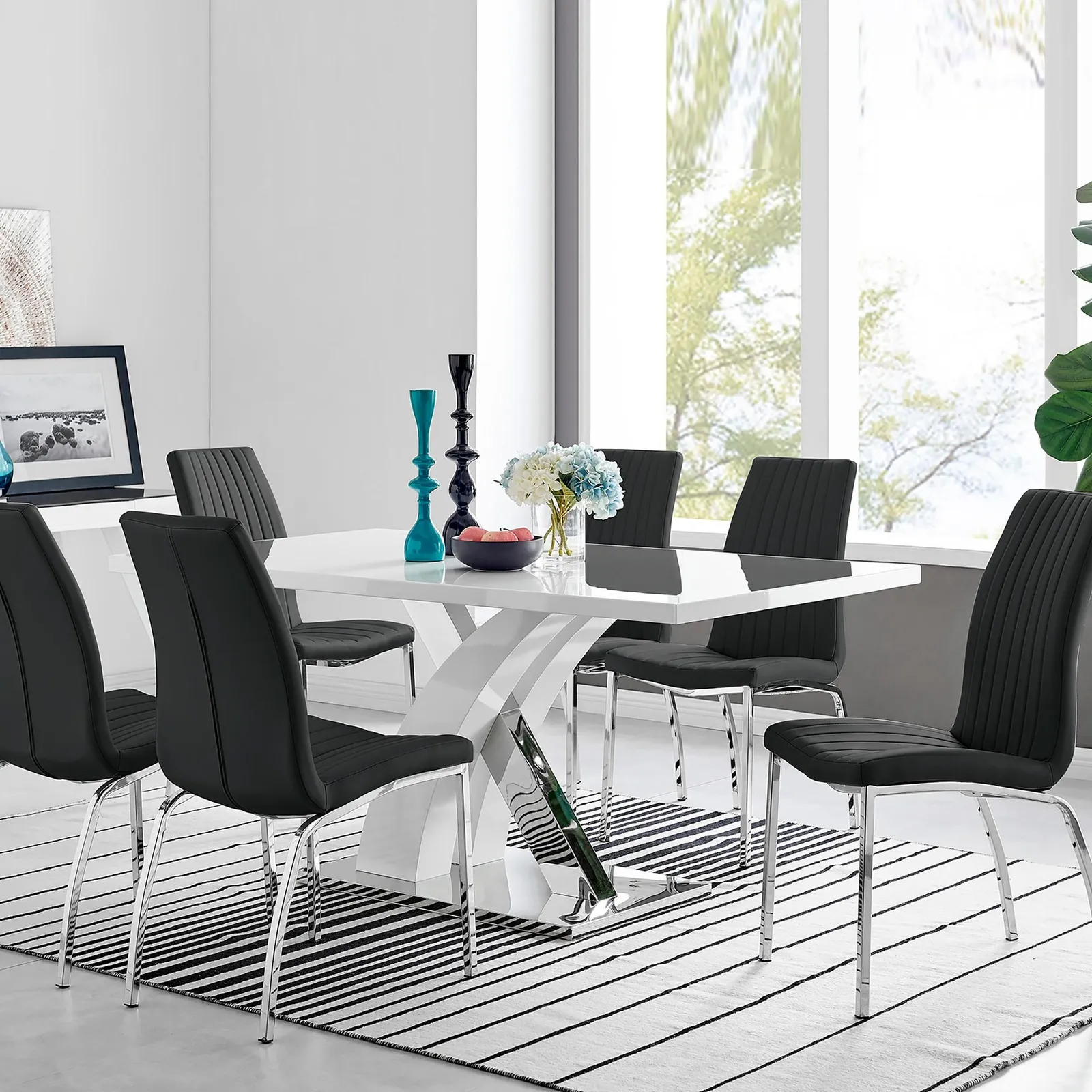 FurnitureboxUK Atlanta Modern Rectangle Chrome Metal High Gloss White Dining Table & 6 Isco Chairs Set in Black 1