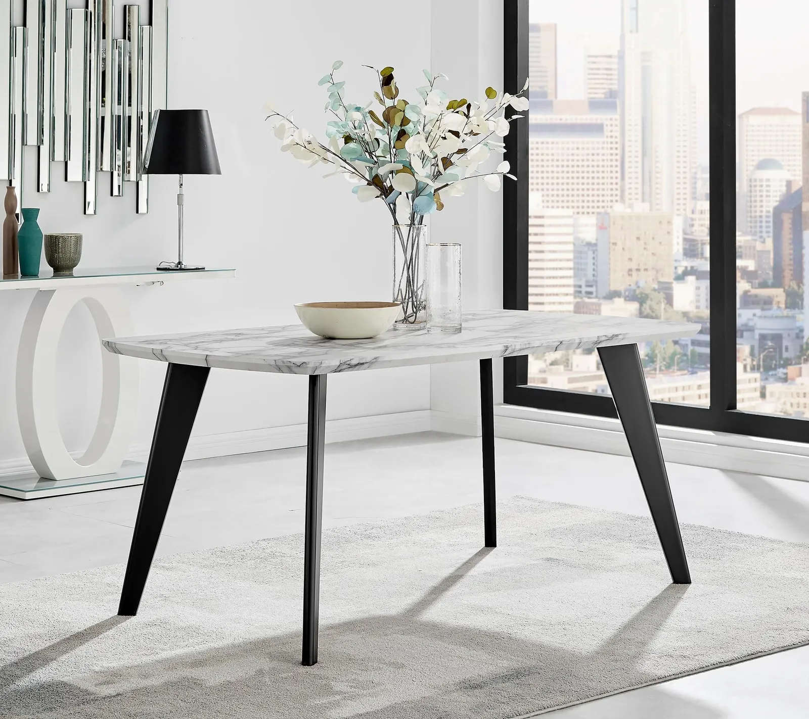 FurnitureboxUK Andria White Marble Effect & Black Leg 6 Seater Dining Table & 6 Corona Faux Leather Chairs in Grey 2