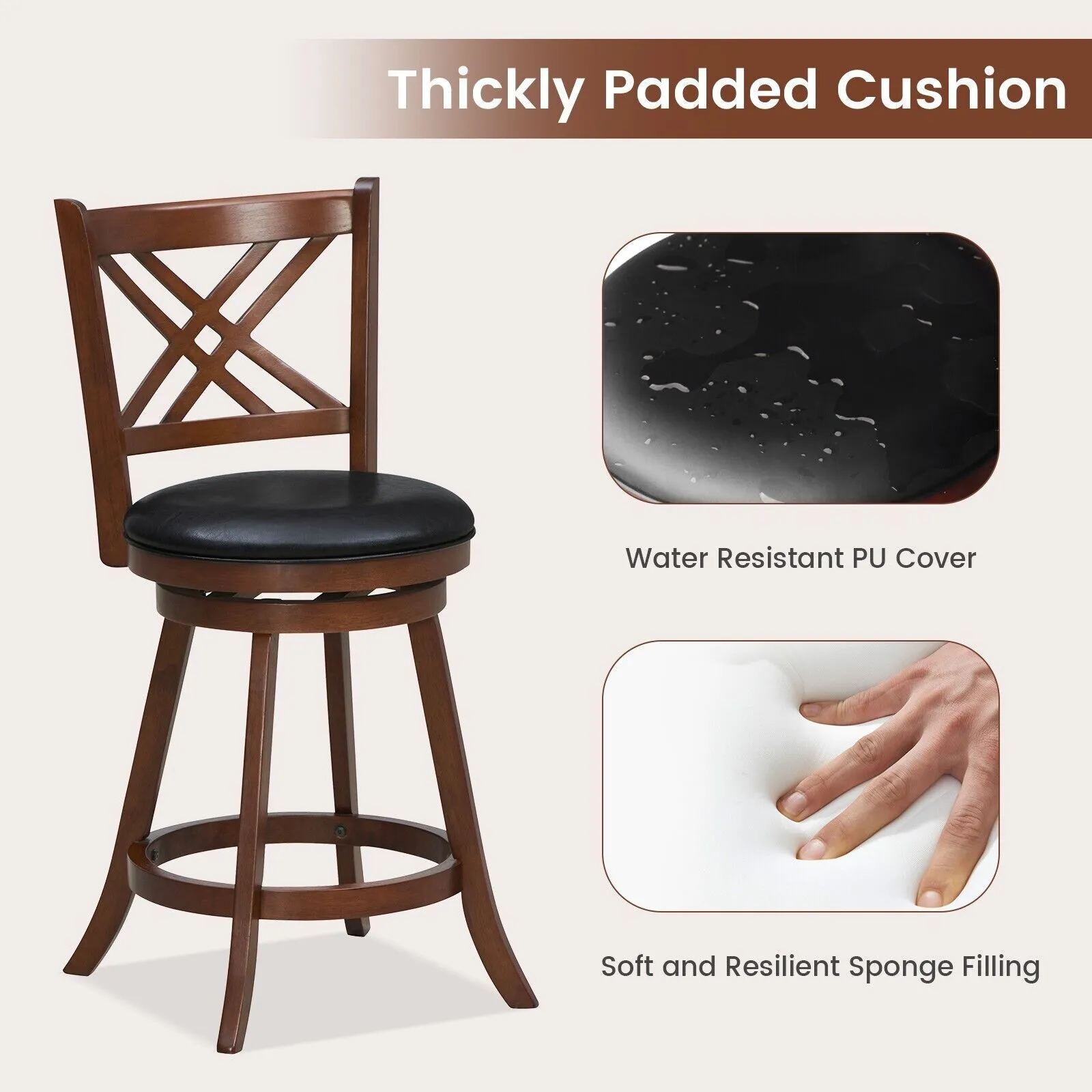 Costway Set of 2 Bar Stools Counter Height Chair Pub 360 Swiveling Upholstered Seat 24" in Brown 4