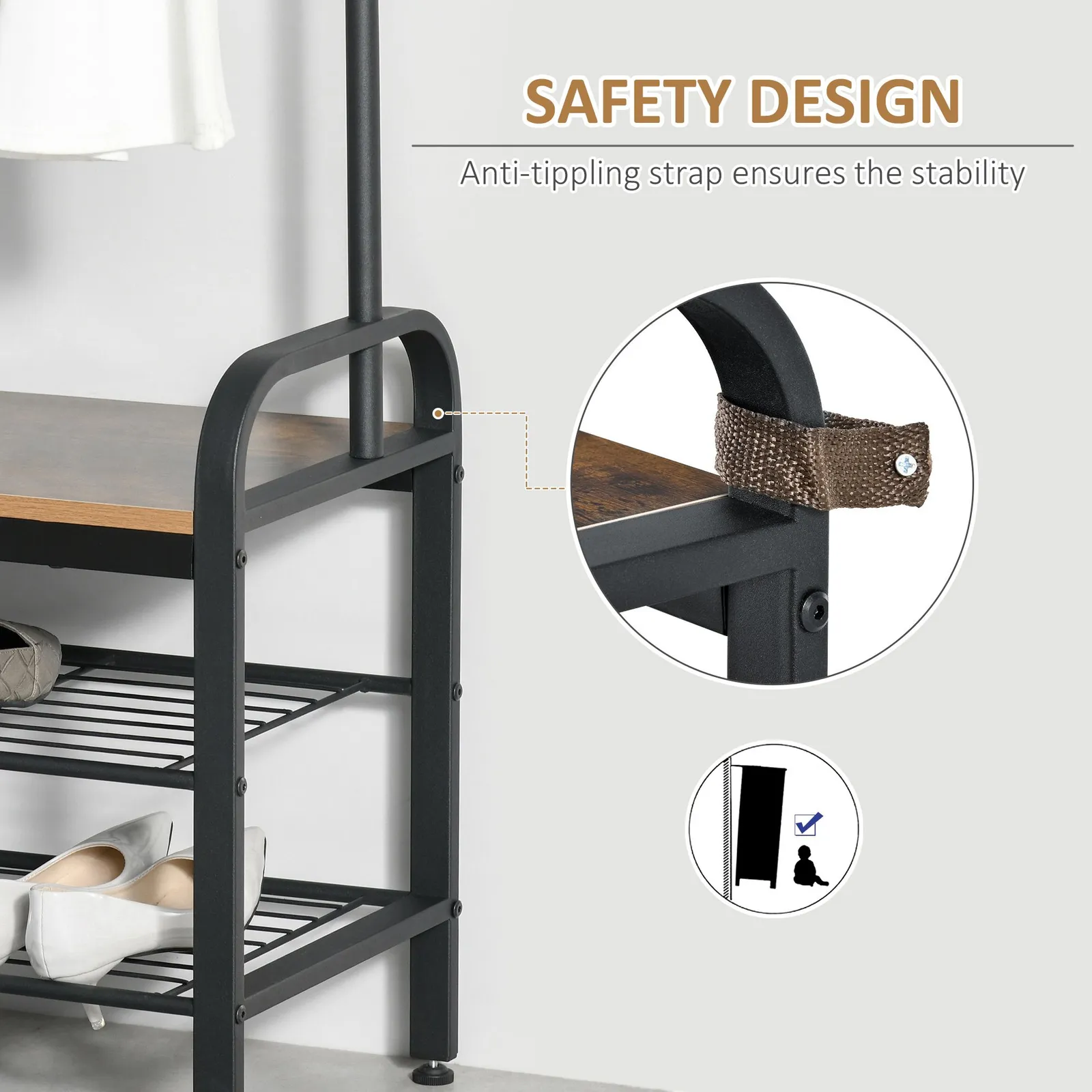 HOMCOM Industrial Coat Rack Stand Shoe Bench 8 Hooks Storage Cabinet in Brown 6