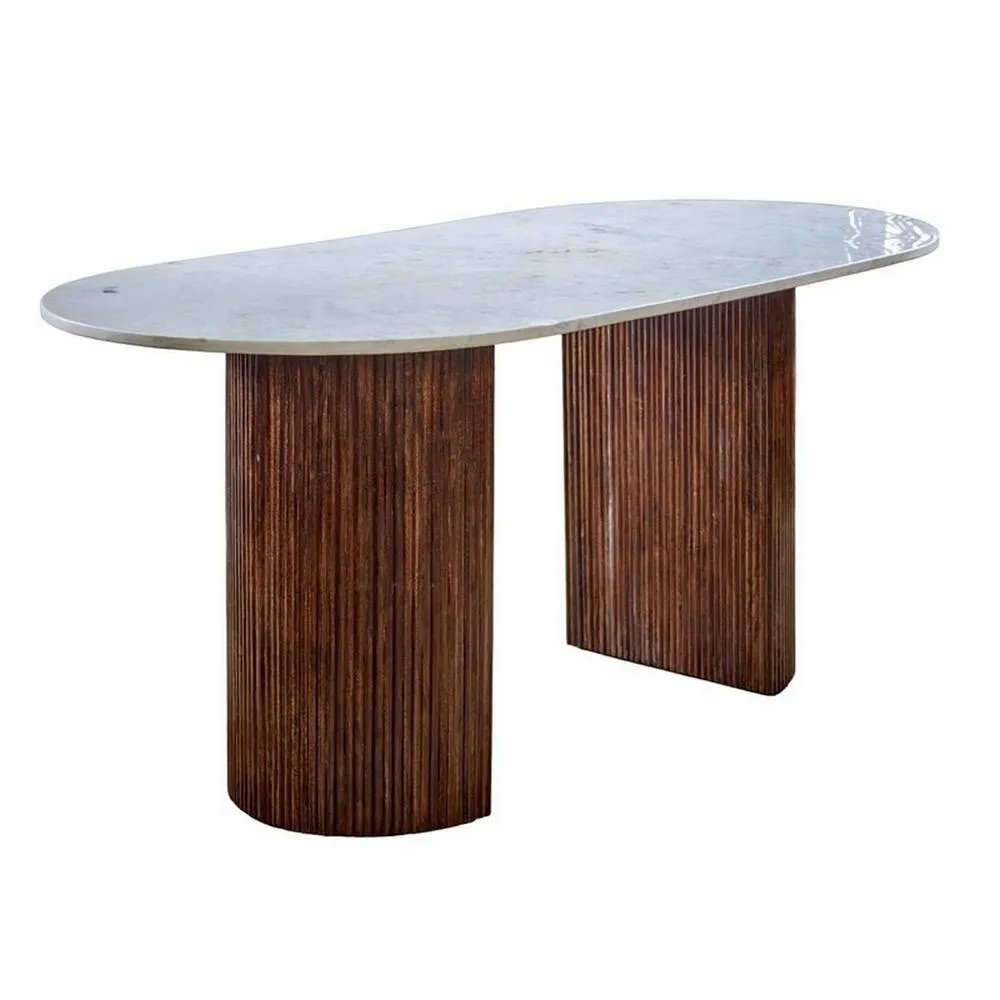 Indian Hub Opal Dining Table with Marble Top & Mango Wood Base - L85xW170xH76cm in Brown