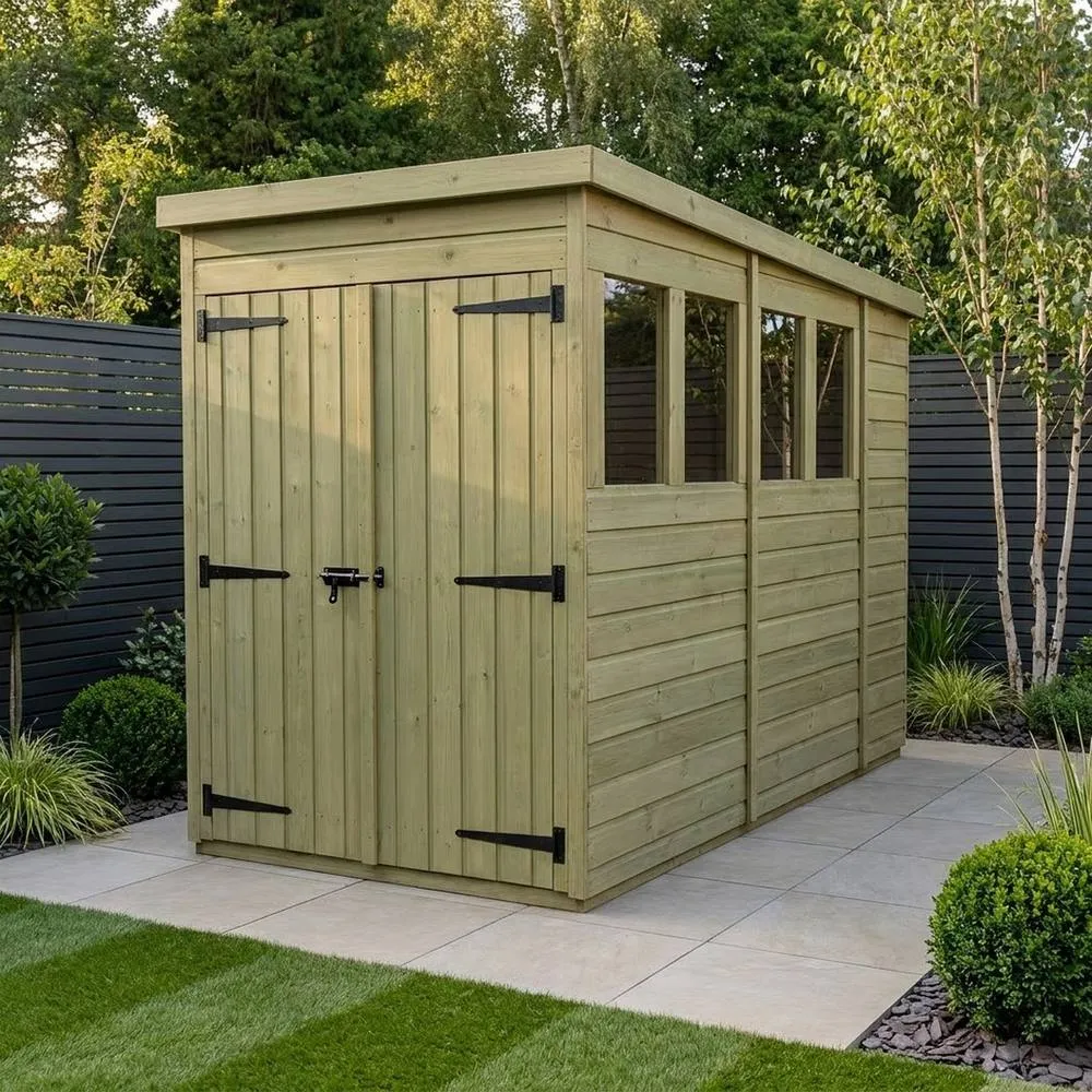 Buttercup Farm 4ft x 10ft Pent Garden Shed Double Door With Windows - Timber in Brown 2