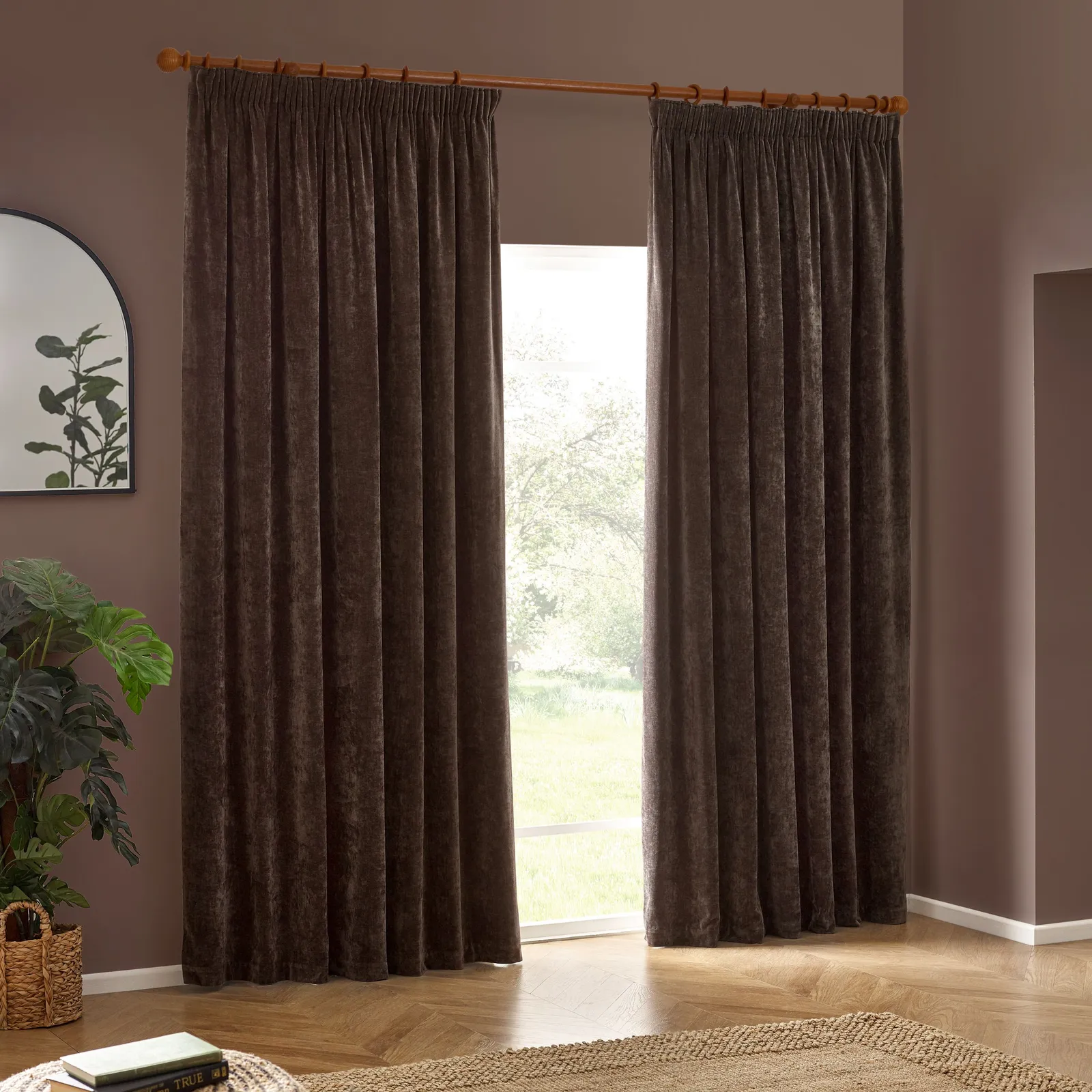 Yard Heavy Chenille Velvet Room Darkening Pencil Pleat Curtain Pair in Brown 5
