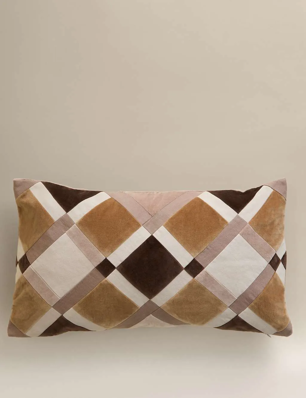 M&S Velvet Geometric Patchwork Bolster Cushion Natural Mix