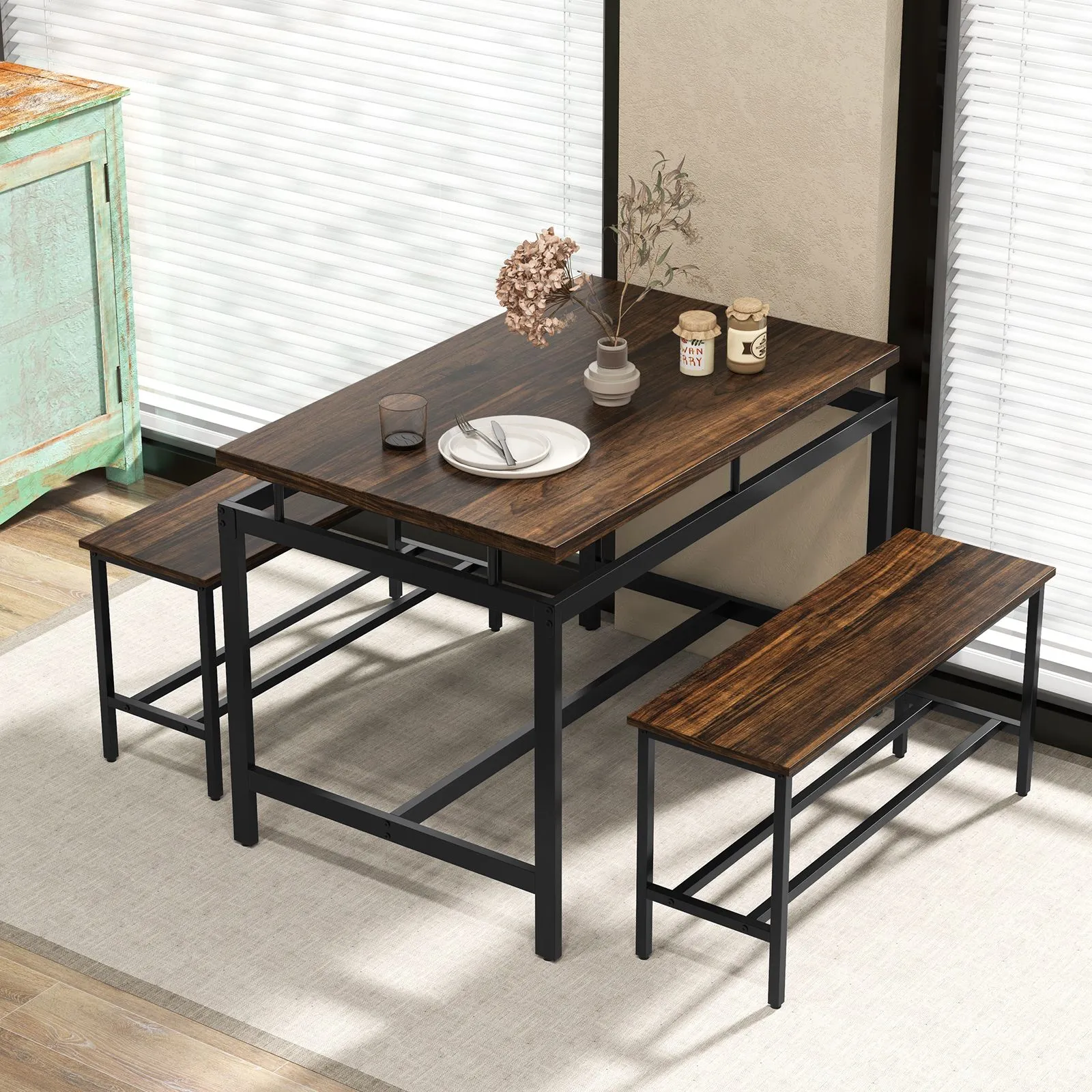 Costway 3 PCS Kitchen Dining Table Set for 4 Wooden Kitchen Table with 2 Benches in Brown