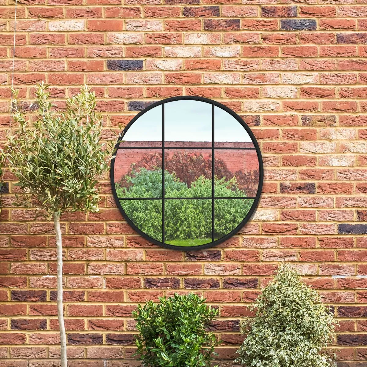 MirrorOutlet Black Metal Frame Round Window Garden Wall Mirror 31"x31" 80x80CM 6