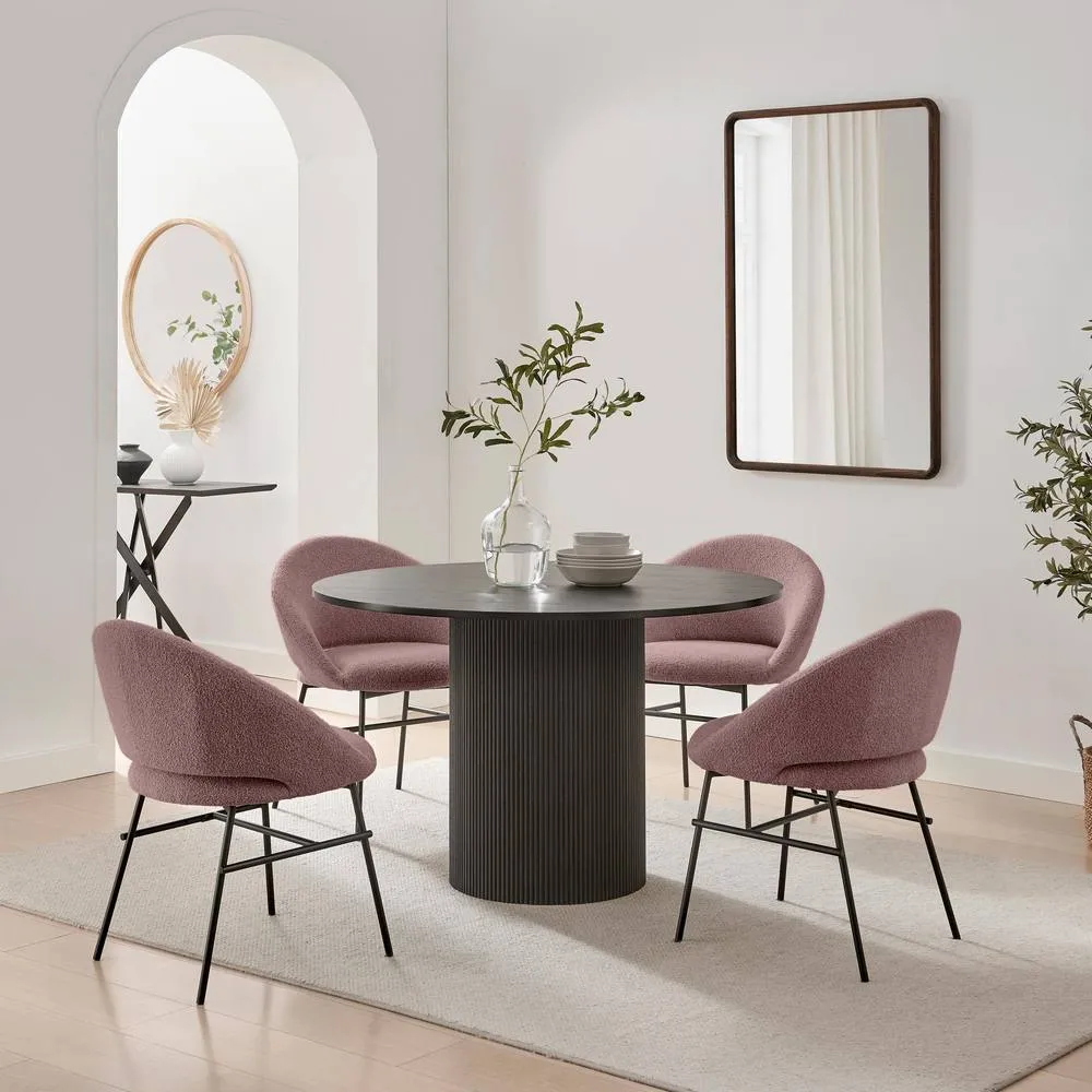 FurnitureboxUK Penrose Round Black Wood Dining Table 4 Nella Chairs in Dusty Pink 1
