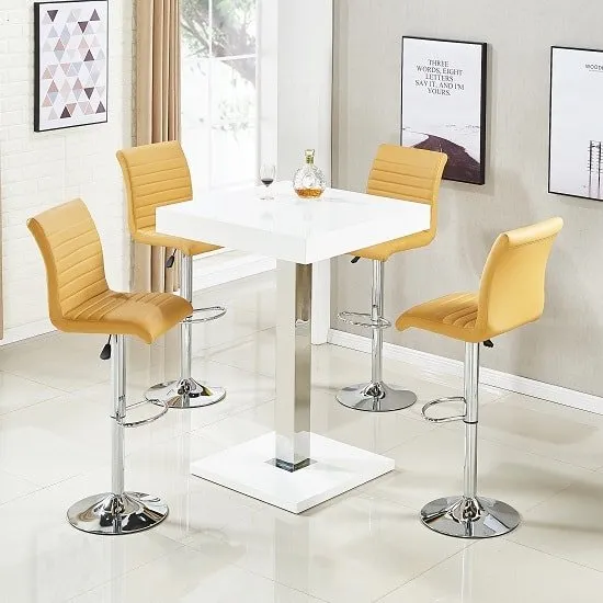 Topaz Bar Table In White High Gloss And 4 Ripple Curry Stools