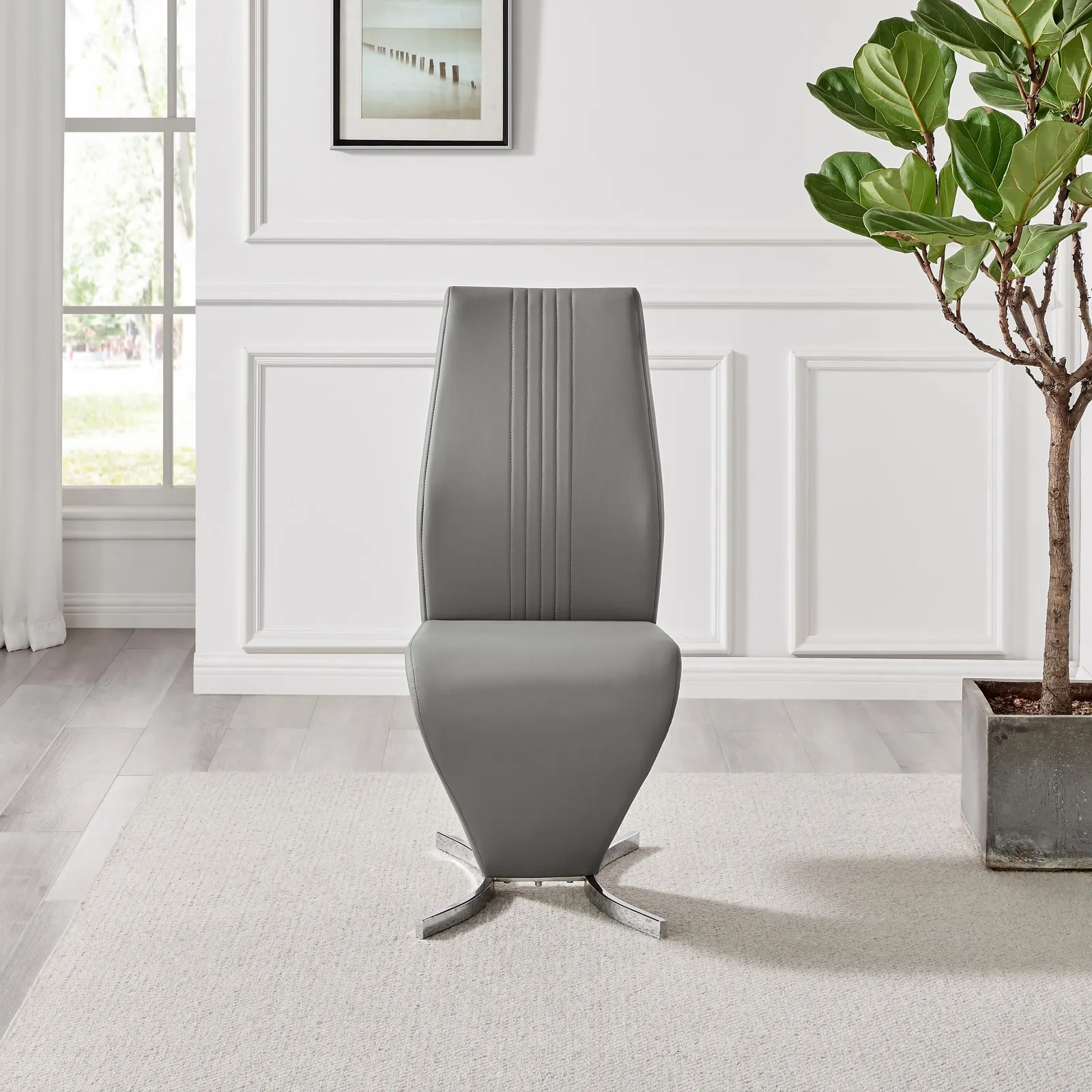FurnitureboxUK Set of 2 Willow Contemporary Z Shaped Faux Leather Dining Chairs With Silver Chrome Metal Legs in Grey 4