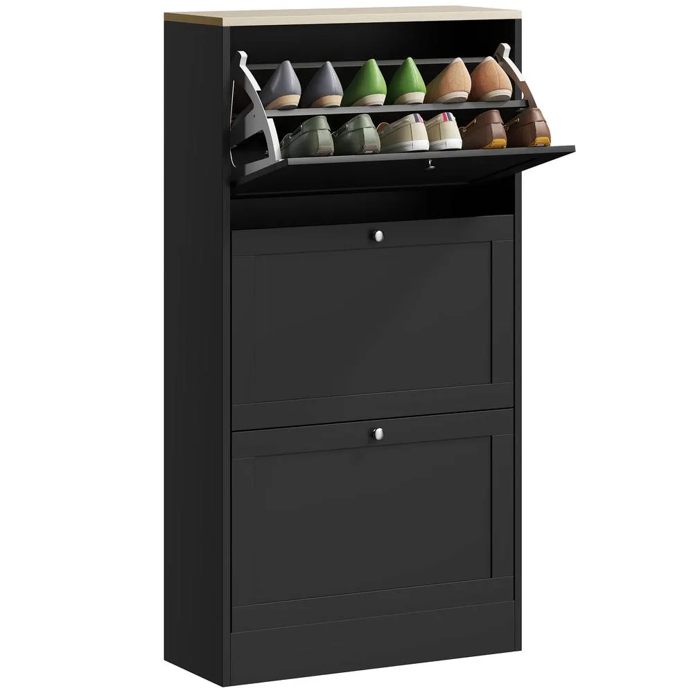 HOMCOM Narrow Shoe Cabinet w/ 3 Flip Drawers for 12-18 Pairs of Shoes Black