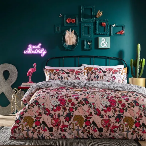 Furn. Inked Tattoo Inspired Single Duvet Cover Set, Pink 2