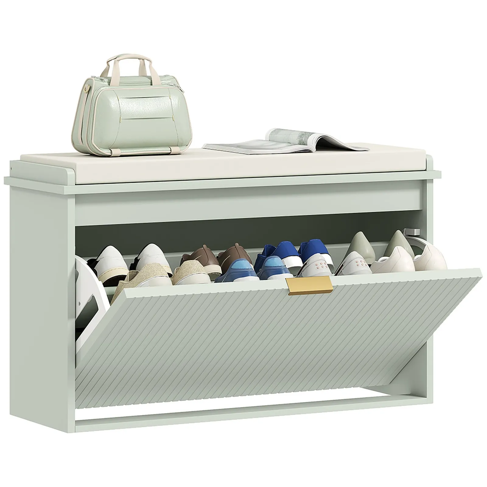 HOMCOM Shoe Storage Bench with Cushion & Flip-Drawer in Green 2