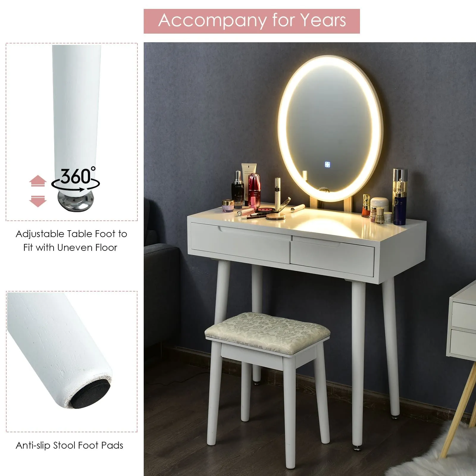 Costway Vanity Table Set with Lighted Mirror & 3 Color Lighting Modes in White 6
