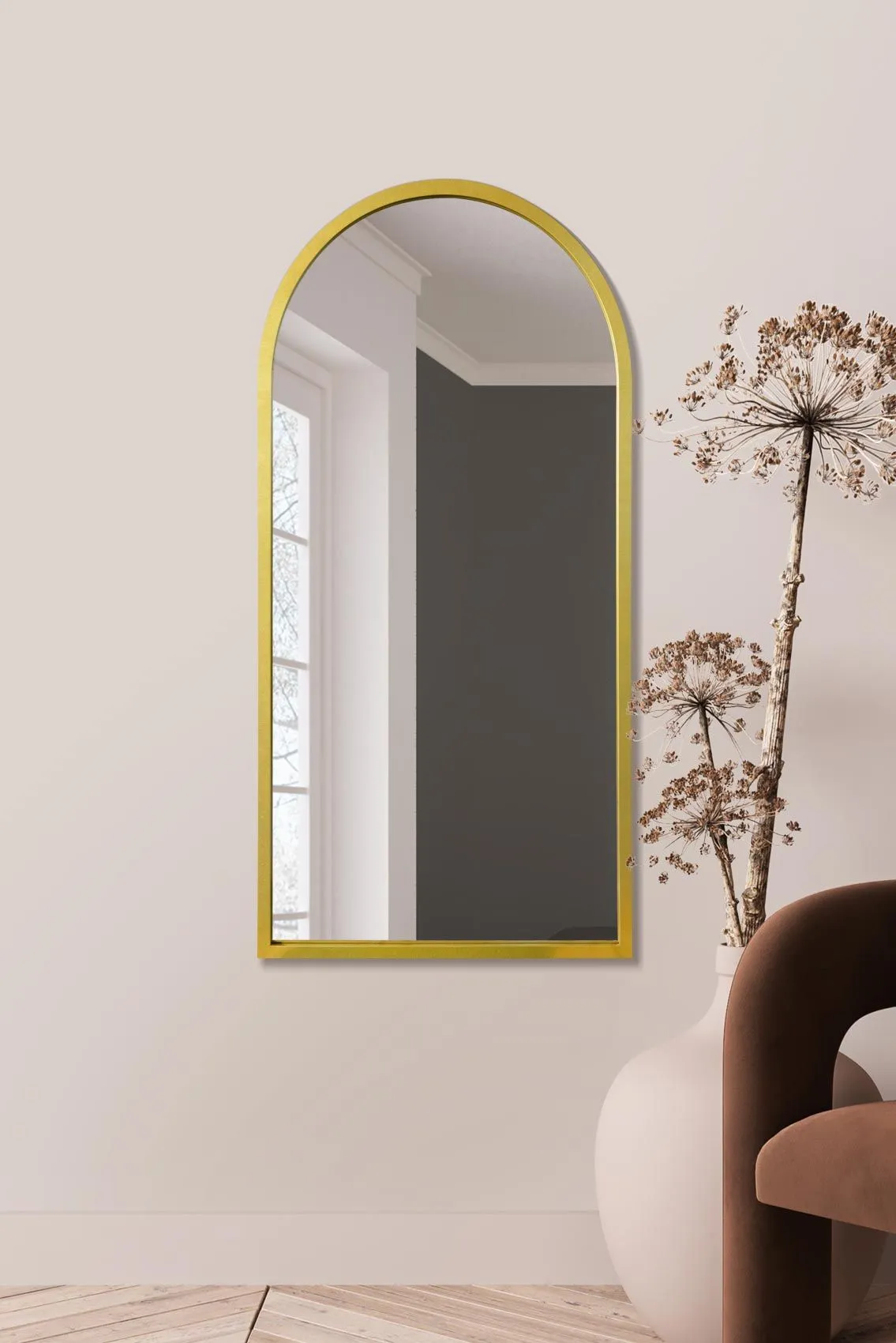 MirrorOutlet Gold Metal Framed Arched Wall Mirror 47" X 23.5" (120CM X 60CM)