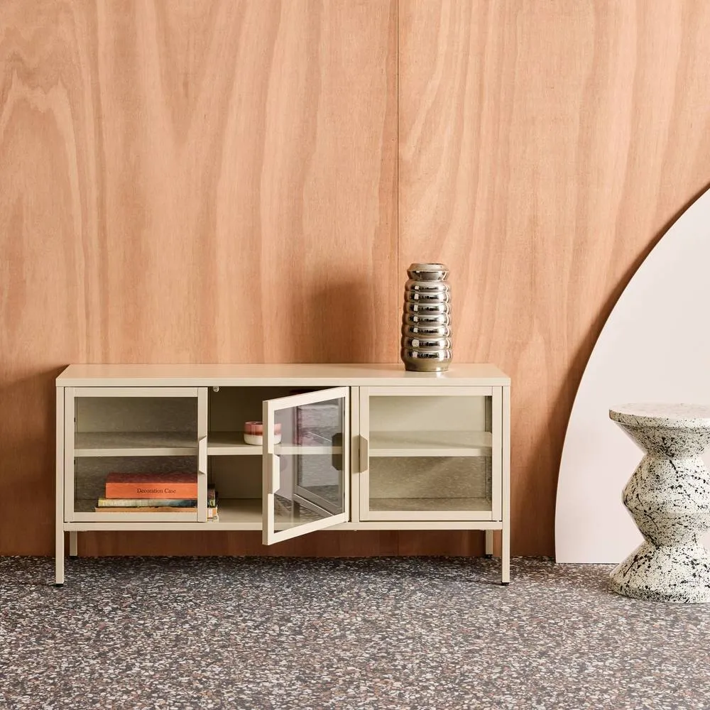 sweeek Industrial metal & tempered glass TV stand with 3 doors 120cm in Beige 4